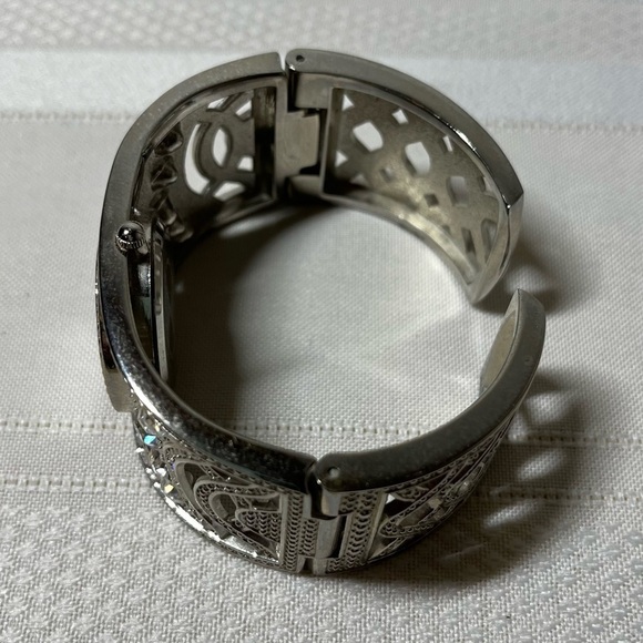 Geneva Woman's Silver Toned Cuff Bracelet W/  Rhinestones. Victorian look. - Picture 3 of 5